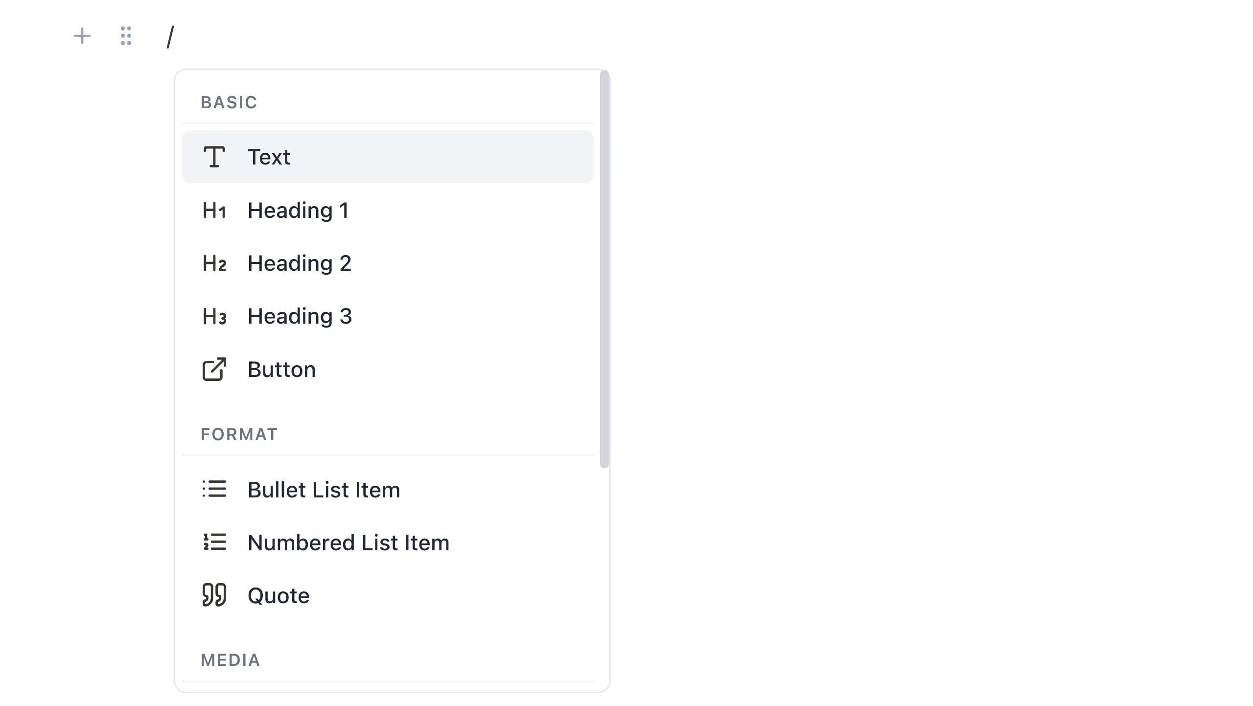 Block-based editor with slash menu